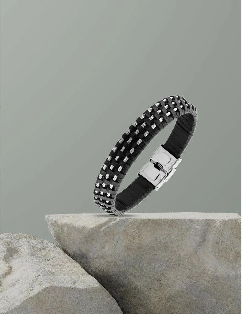 CARGO Bracelet Acier Cuir Tressé Triple Câbles – Image 2