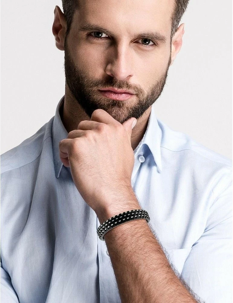 CARGO Bracelet Acier Cuir Tressé Triple Câbles – Image 3