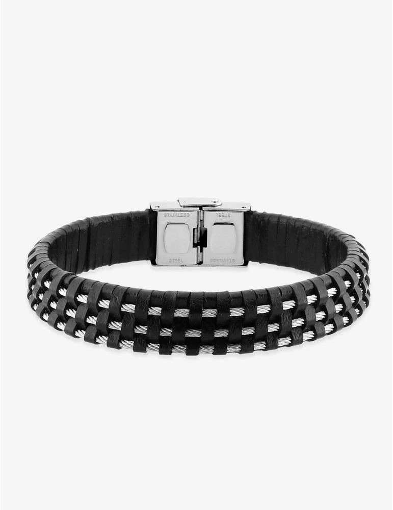 CARGO Bracelet Acier Cuir Tressé Triple Câbles